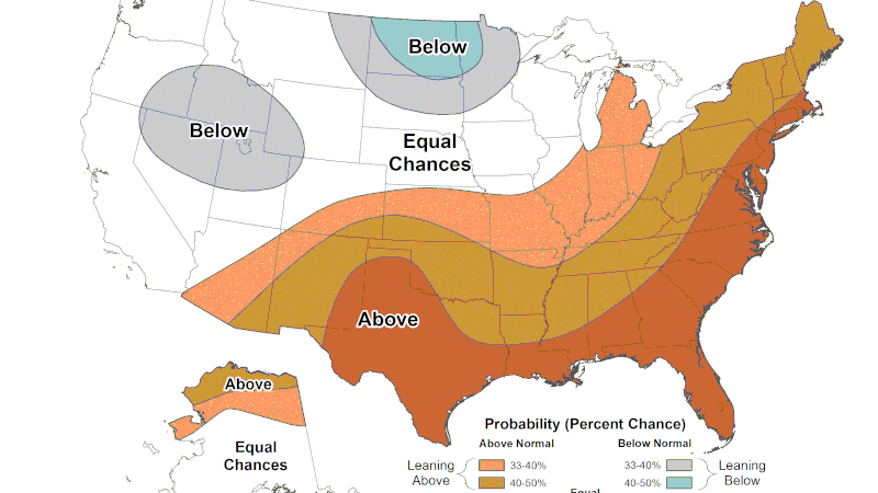 The seasonal temperature outlook for April, May, and June shows above average temperatures...
