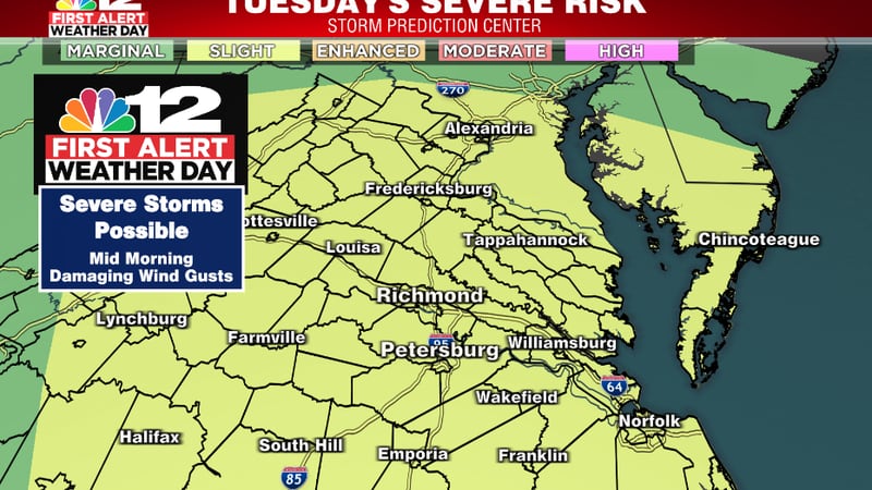 Damaging wind possible Tuesday morning with a line of strong to severe storms likely to move in...