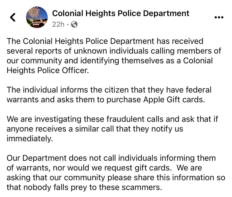 Colonial Heights Police issue statement warning residents about gift card scam.
