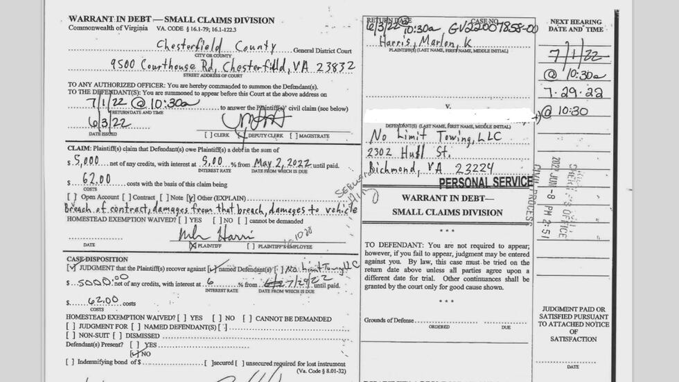 No Limit Towing Warrant in Debt