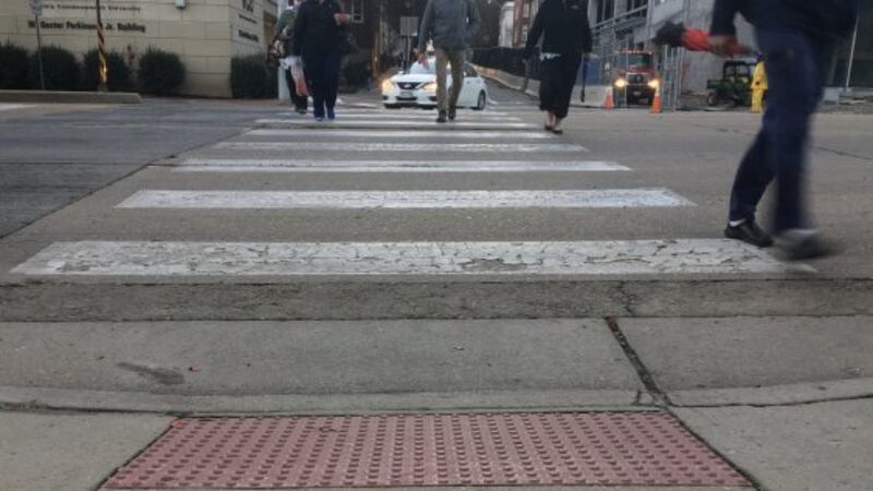 A crosswalk on Leigh Street near the MCV campus in Downtown Richmond.