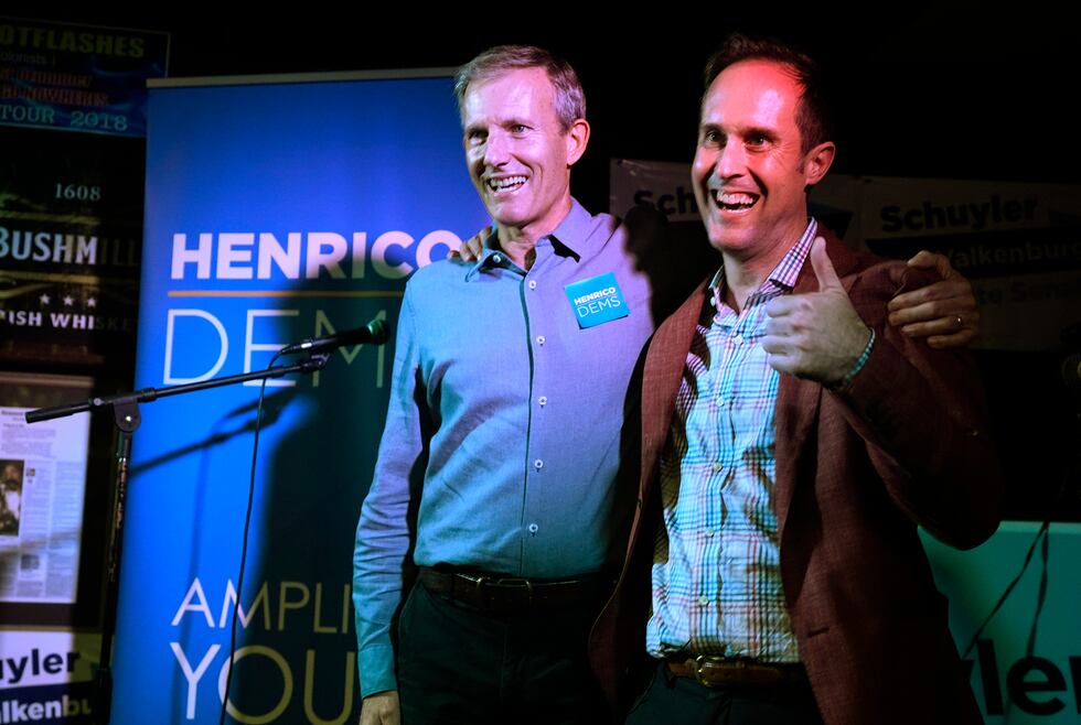 Democratic Del. Schuyler VanValkenburg and Del. Rodney Willett greet supporters at an election...