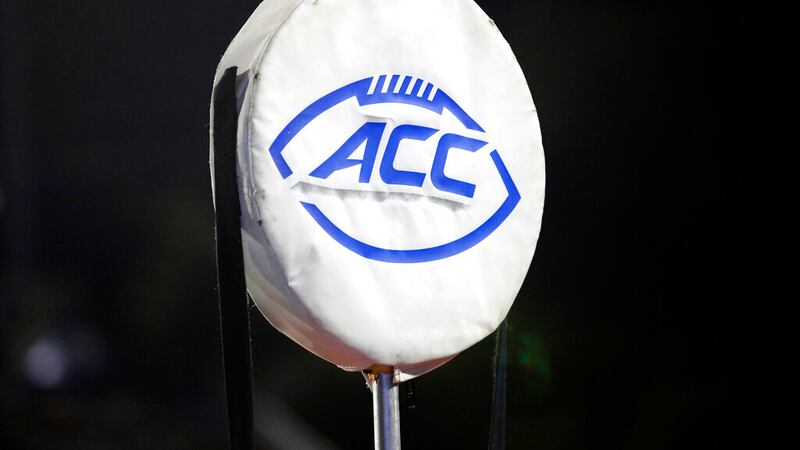FILE - This Sept. 7, 2019, file photo shows the ACC logo atop the chain marker during the...