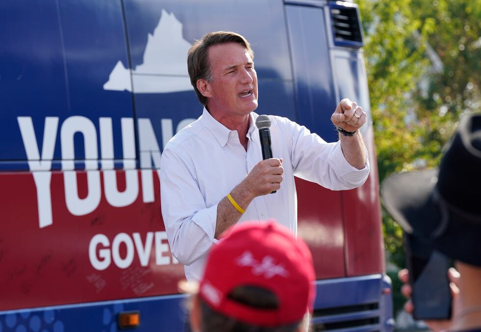 FILE - Virginia Gov. Glenn Youngkin addresses the crowd during an early voting rally, Sept....