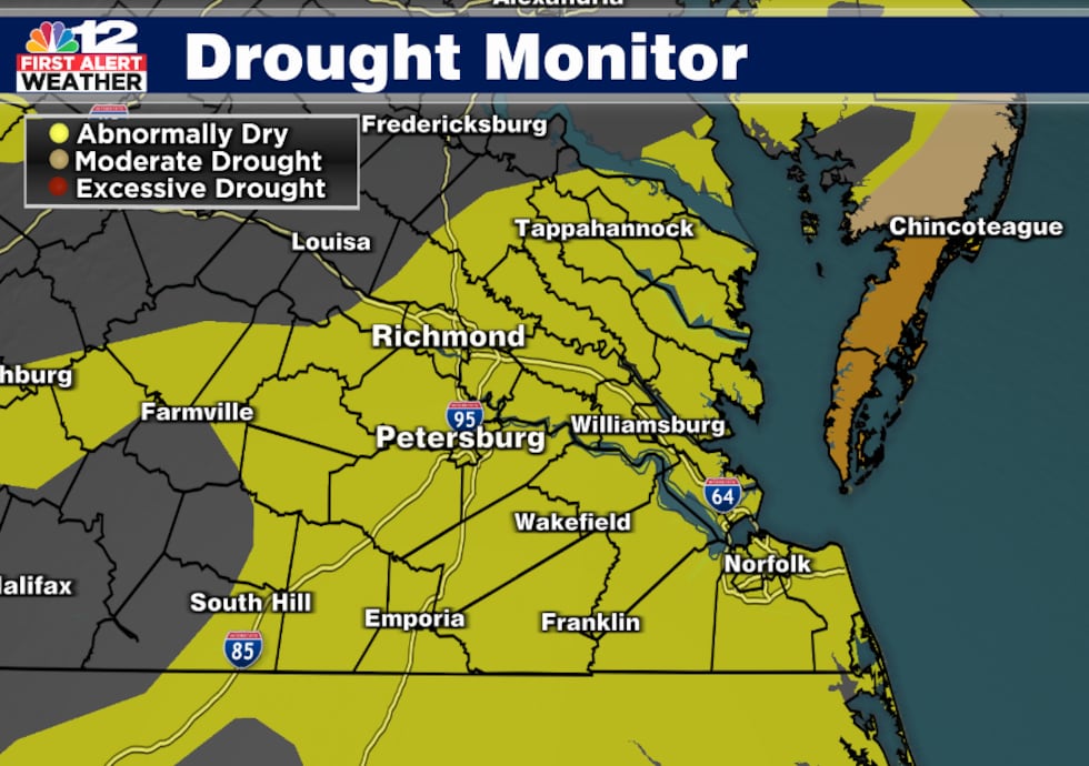 Map of Dry areas of Central VA. Most areas are covered with yellow, which is classified as...