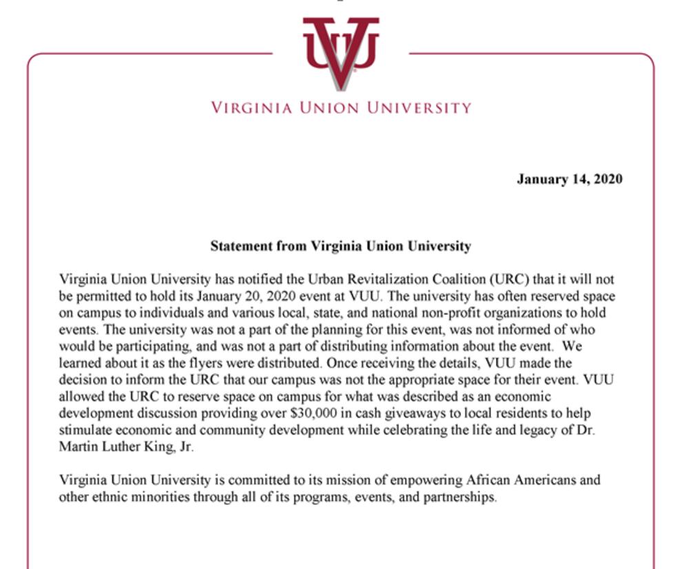 Statement from Virginia Union University