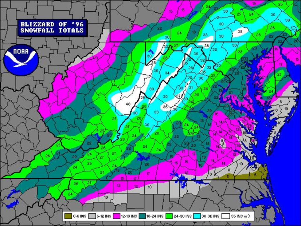 The storm of 1996 brought widespread 15" snow totals, plus wind and erosion at the coast.
