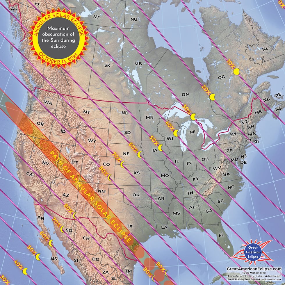 Map showing path of the Annular Eclipse over North America on Oct. 14