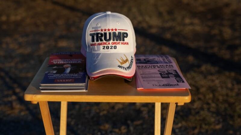 A campaign table at a polling station in Buckingham County, Va., Nov. 3, 2020.