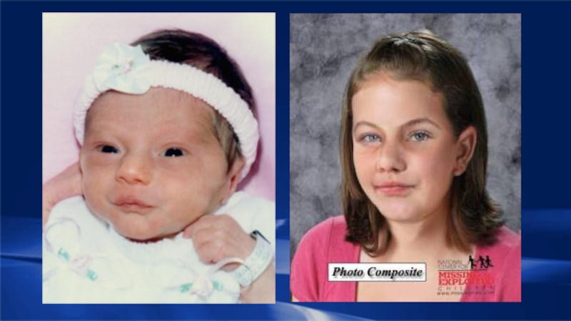 Left: Photo of Allyson Dalton as an infant before her abduction ; Right: An age progression...