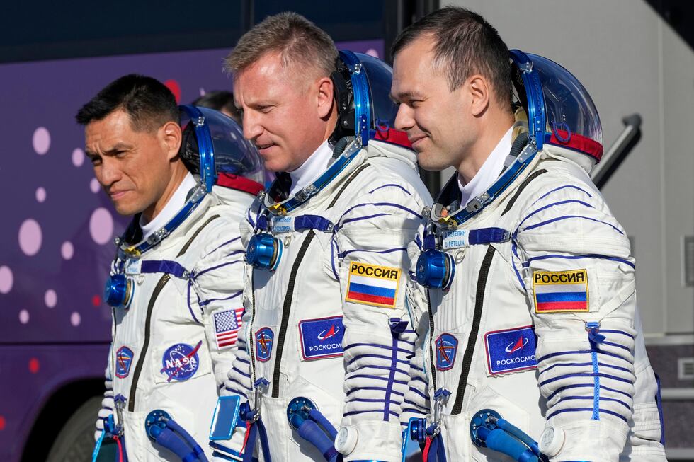FILE - From left, NASA astronaut Frank Rubio, Roscosmos cosmonauts Sergey Prokopyev and Dmitri...