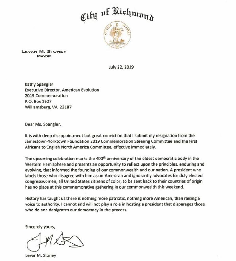 Richmond Mayor Levar Stoney's letter of resignation from the Jamestown anniversary planning...