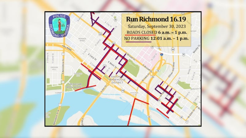 Run Richmond 16:19 road closures and "No Parking" zones.