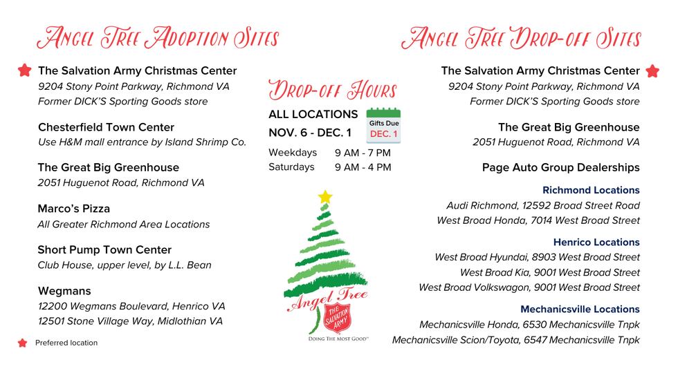 Gifts for the Angel Tree should be dropped off by Dec. 1, 2023.