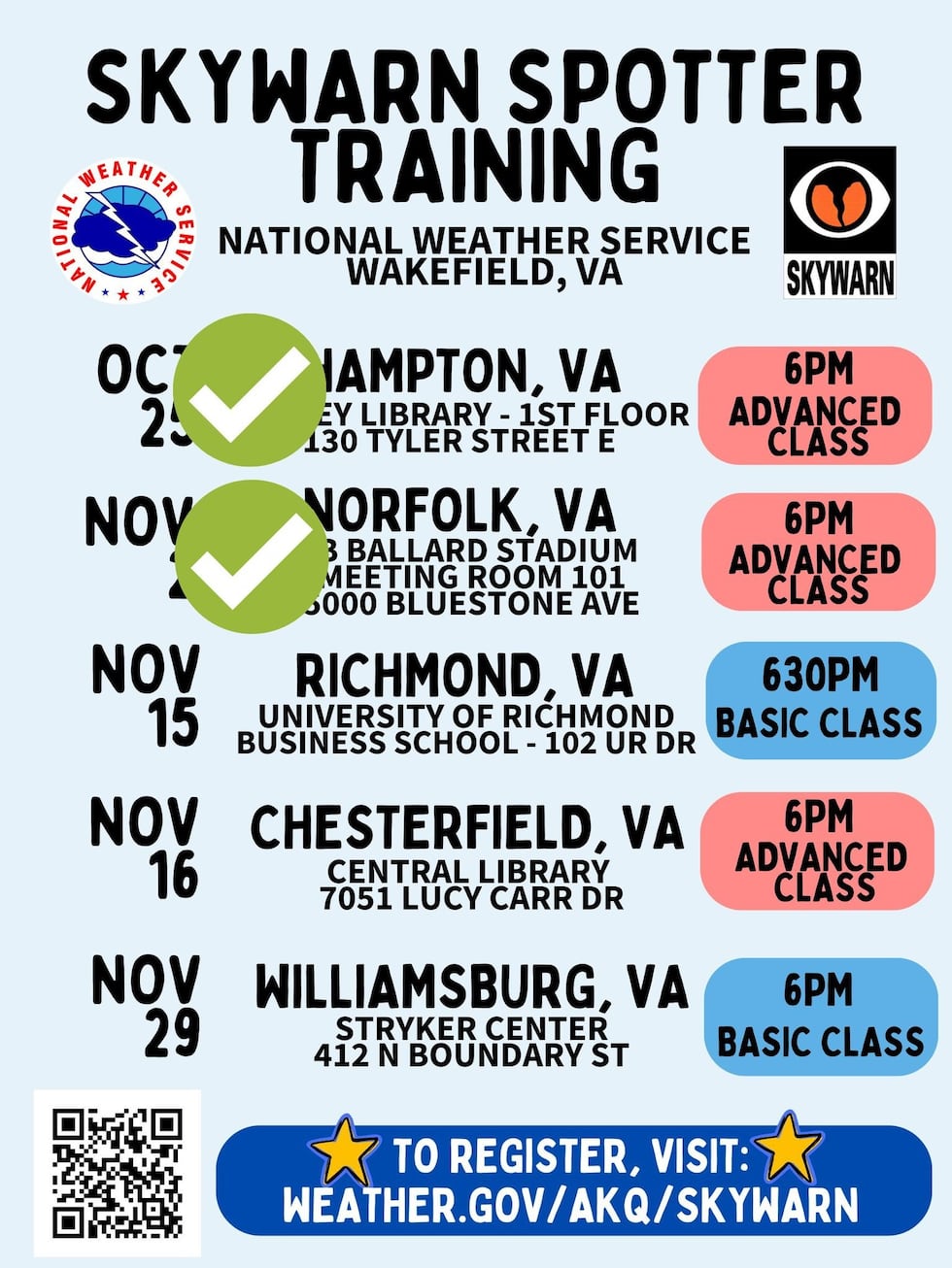 There will be two weather spotter training classes in central Virginia this week.