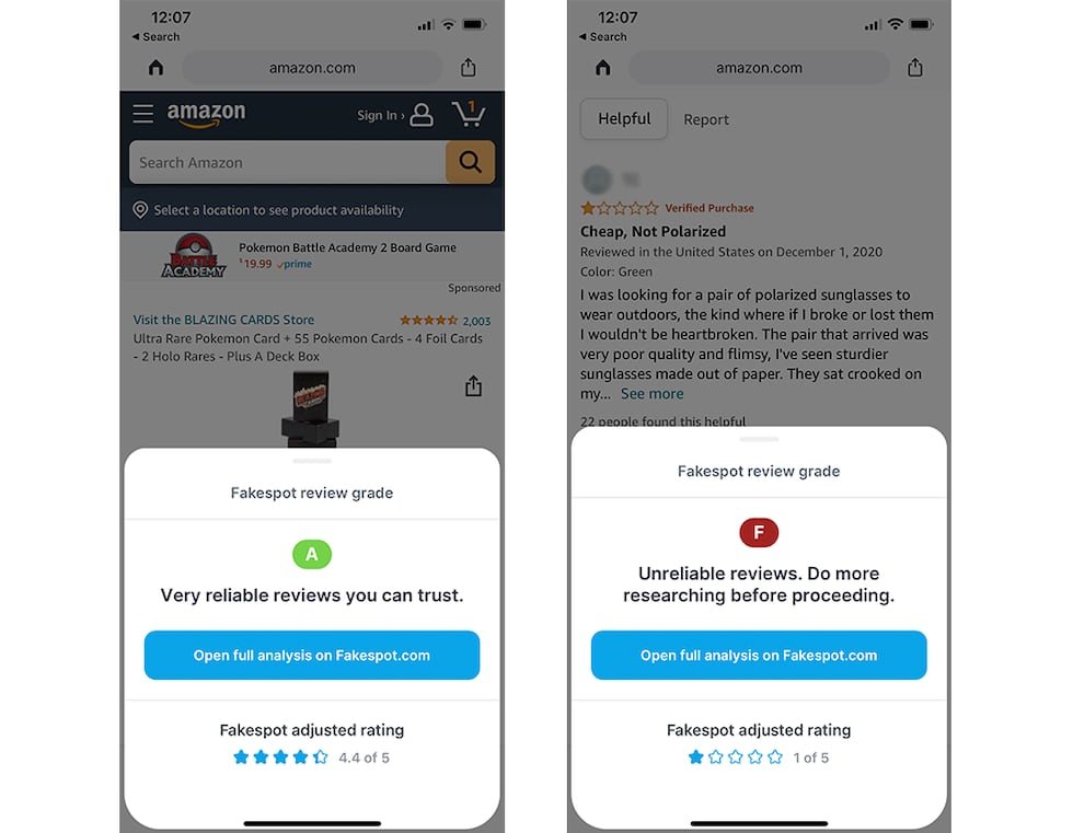 A side-by-side comparison of the grading system users see on the FakeSpot app. The grades...