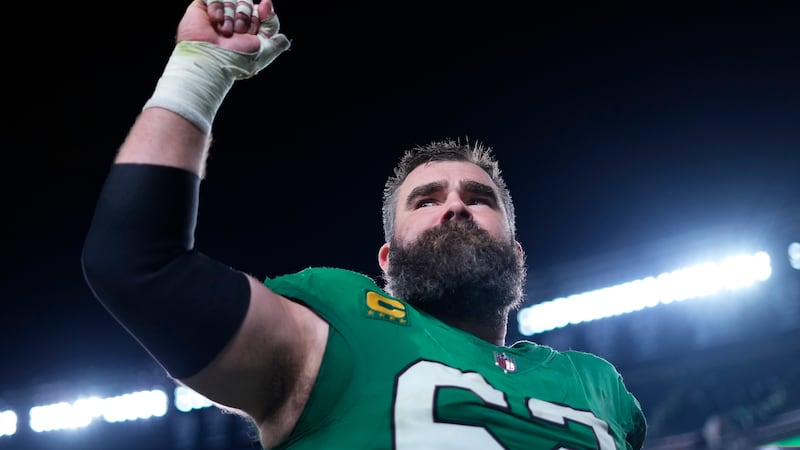 Philadelphia Eagles center Jason Kelce (62) gestures as he leaves the field after an NFL...