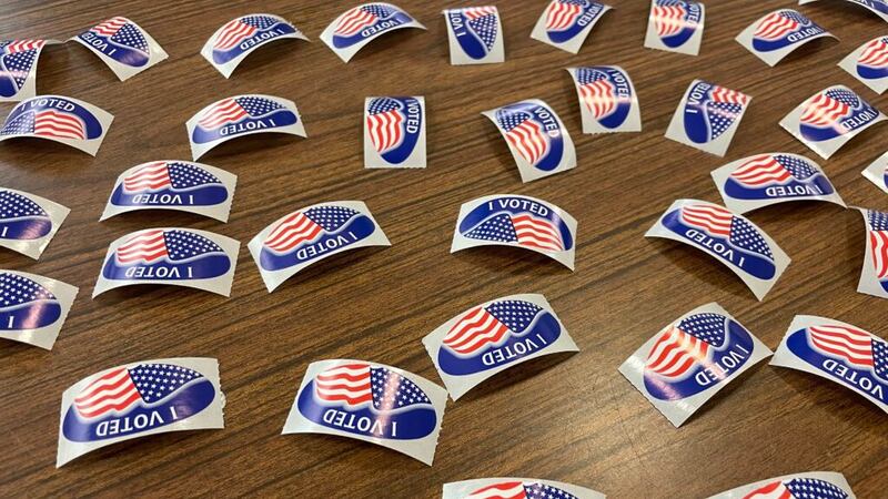 “I Voted” stickers are displayed at a Richmond polling place during the 2022 midterm elections.