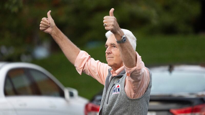 David Owen, Republican candidate for House of Delegates district 57, greets the crowd during a...
