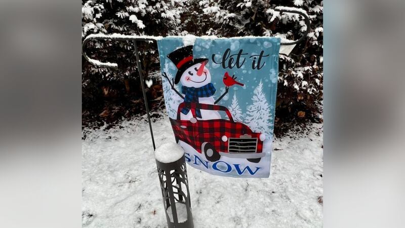 This "Let It Snow" flag in Montpelier was in the perfect spot for Groundhog Day as snow fell...