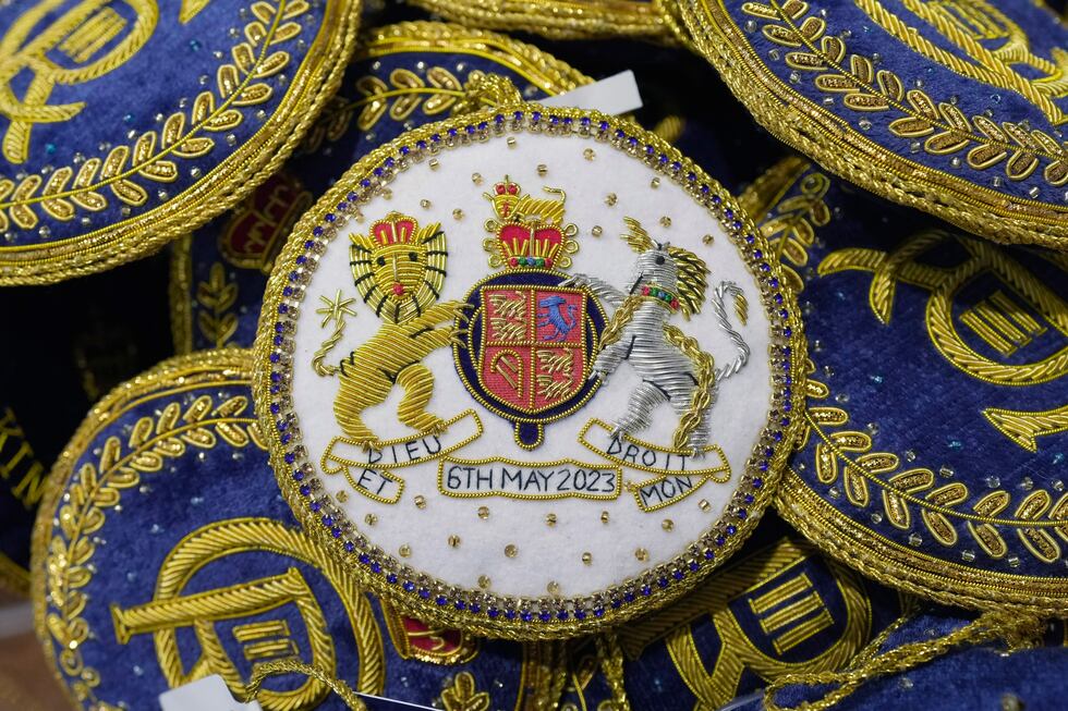 Souvenirs are displayed for sale in a gift shop ahead of King Charles III's Coronation in...