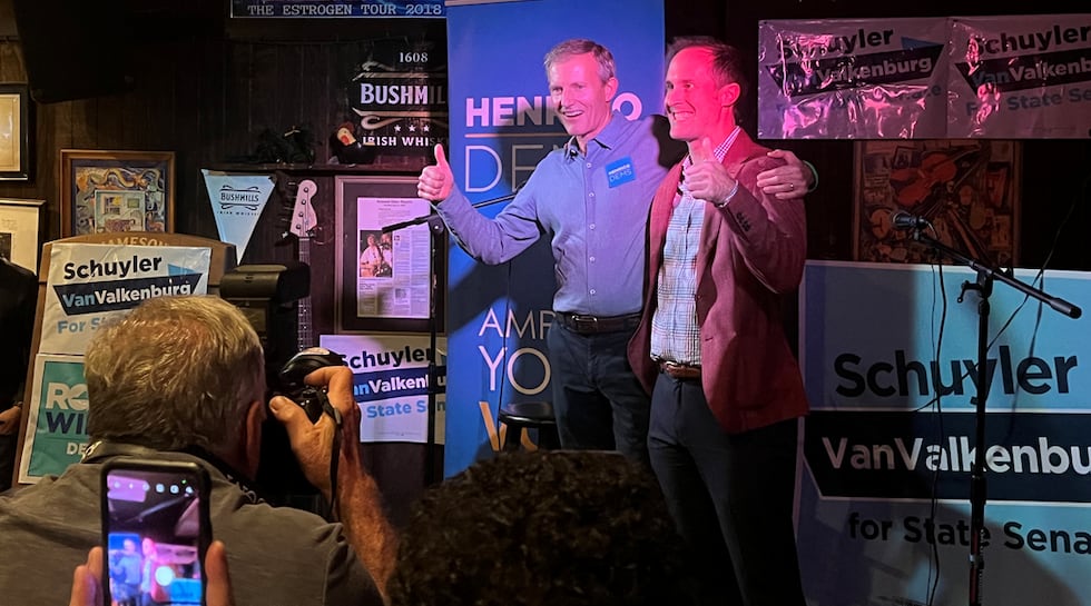 Democrats Rodney Willett and Schuyler VanValkenburg celebrate victories on Tuesday night.